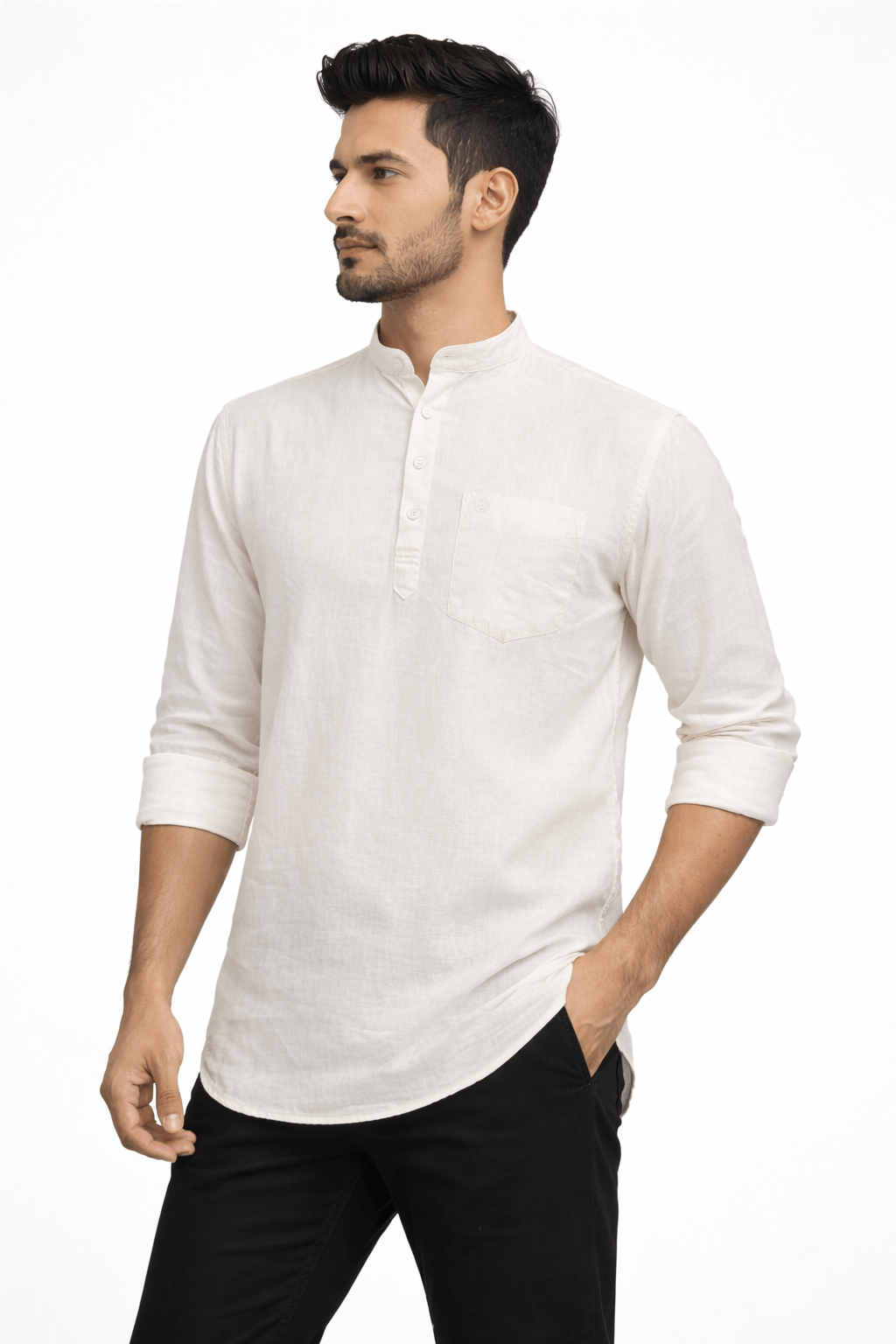 KARNISON Men’s Off-White Linen Blend Kurta with Chinese Collar - Image 3