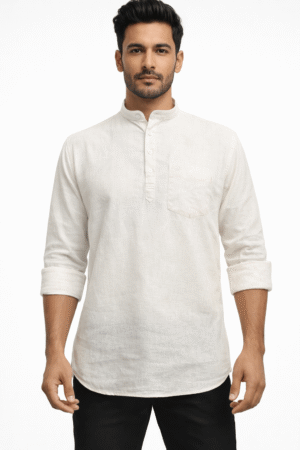 KARNISON Men’s Off-White Linen Blend Kurta with Chinese Collar
