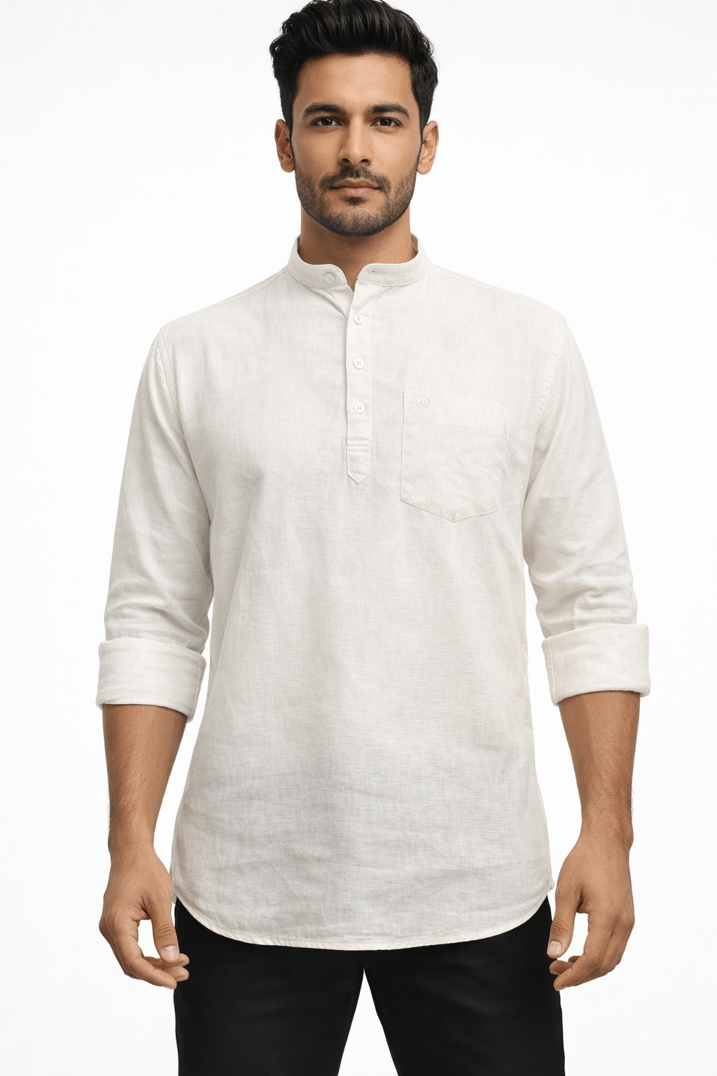 KARNISON Men’s Off-White Linen Blend Kurta with Chinese Collar